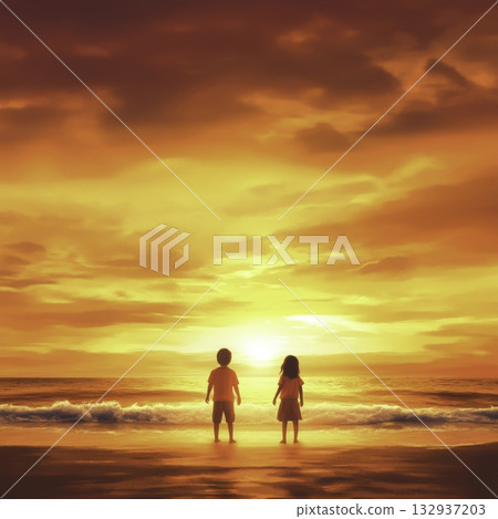 Children Watching Sunset on the Beach with Vibrant Orange Sky and Waves Children Watching Sunset on the Beach with Vibrant Orange Sky and Waves 132937203