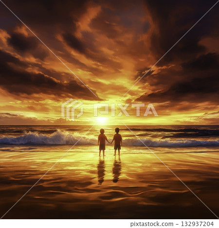 Children Holding Hands at Sunset Along Calm Ocean Shoreline View Children Holding Hands at Sunset Along Calm Ocean Shoreline View 132937204