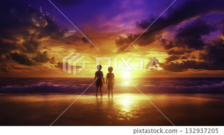 Two Children Standing Together at Beach During Vibrant Sunset with Waves 132937205