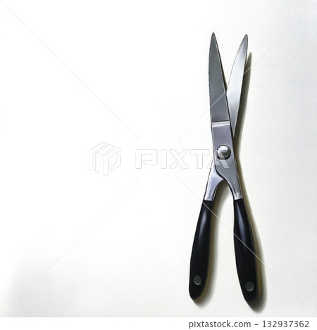 Stainless Steel Scissors with Black Handles on a White Background 132937362