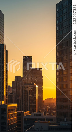 Stunning golden hour bathes modern city skyscrapers in vibrant light, creating a dynamic and inspiring urban landscape perfect for business and travel visuals Stunning golden hour bathes modern city skyscrapers in vibrant light, creating a dynamic and inspiring urban landscape perfect for business and travel visuals 132937521