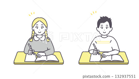 Illustration of a boy and girl studying at a desk Illustration of a boy and girl studying at a desk 132937551