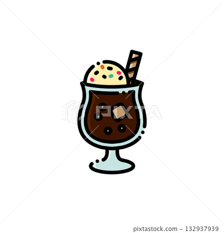 一杯冰淇淋，配上香草球、濃縮冰淇淋和彩色糖豆，盛裝在傾斜的脆皮笛杯中，口感超棒！適合夏季咖啡店、咖啡館或復古冰淇淋店設計。 132937939