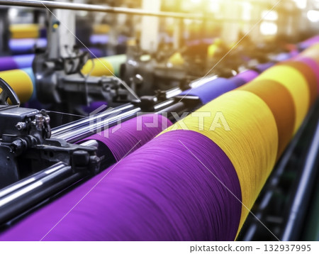 Colorful Threads on Textile Machine in Bright Factory Environment 132937995