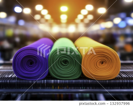 Colorful rolled fabric displayed in a retail environment with vibrant background 132937996