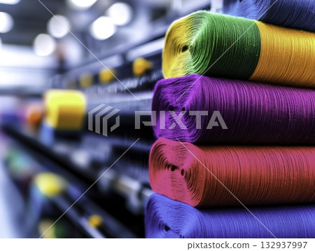 Vibrant Threads of Colorful Yarn Stacked Neatly in Textile Workshop 132937997