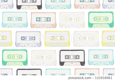 Audio cassette tapes seamless pattern, cartoon cute flat design 132938061
