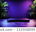 Modern showcase with vibrant light and tropical plants in studio setting 132938099