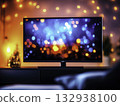 Vibrant LED Television Displaying Colorful Bokeh Lights in Cozy Setting 132938100