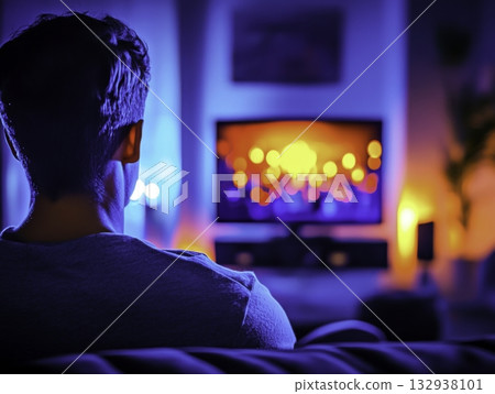 Person Watching Colorful TV Screen in Cozy Living Room Environment Person Watching Colorful TV Screen in Cozy Living Room Environment 132938101