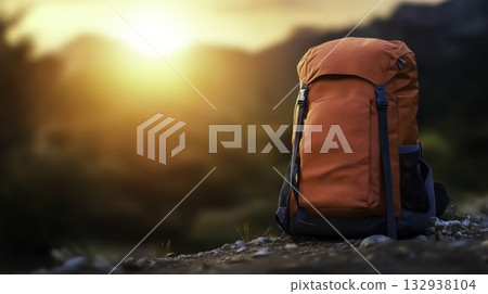 Vibrant Orange Backpack Against Scenic Sunset in Nature Landscape 132938104