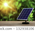 Solar Panel on Wooden Surface with Sunlight and Green Background 132938106