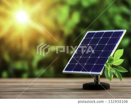 Solar Panel on Wooden Surface with Sunlight and Green Background 132938106