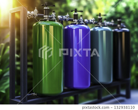 Colorful Industrial Gas Cylinders in Modern Environmental Setting 132938110