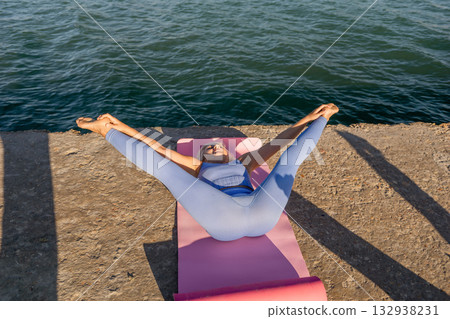 Yoga Pose Waterside Mat Woman Stretching Outdoor 132938231