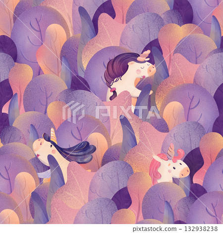 Seamless purple bush pattern with unicorns and sunset glow. Cute kids watercolor repeat for fabric, wallpaper, nursery decor, planner, art for kids, perfect for stationary designs, printable Seamless purple bush pattern with unicorns and sunset glow. Cute kids watercolor repeat for fabric, wallpaper, nursery decor, planner, art for kids, perfect for stationary designs, printable 132938238
