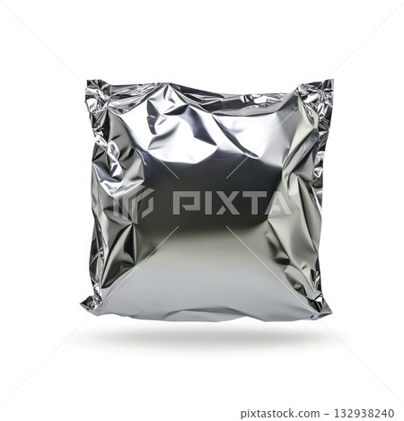 Shiny Metallic Silver Foil Package with Wrinkled Texture and Reflection Shiny Metallic Silver Foil Package with Wrinkled Texture and Reflection 132938240