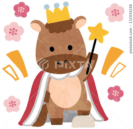 可愛的馬兒戴著皇冠和披風，2026年新年賀卡圖示插圖 132938288