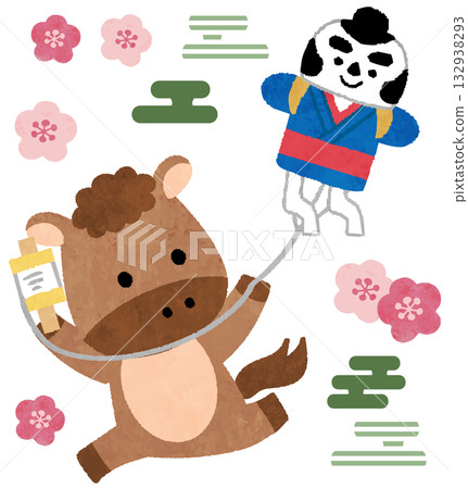 可愛的馬兒放風箏，2026年新年賀卡圖示插圖 132938293