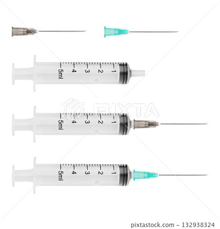 A set of medical syringes and needles for injections isolated on a white background A set of medical syringes and needles for injections isolated on a white background 132938324
