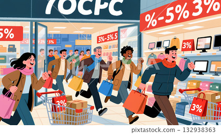 Illustration of Shoppers rushing into a store, carrying bags, or grabbing sale items off shelves capturing the high energy and chaos of traditional in-store Black Friday shopping. 132938363