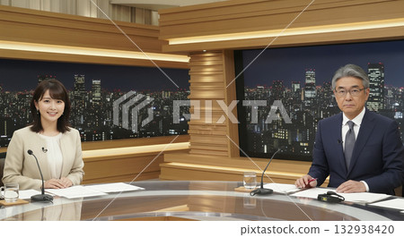 Male and female news anchors on a news program 132938420