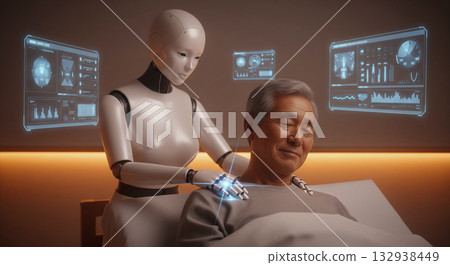 A humanoid android gently massages the shoulders of a smiling elderly person 132938449