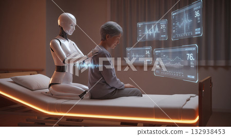 一個人形機器人輕輕地按摩著一位微笑的老人的肩膀。 132938453