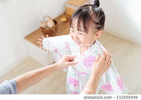 A 2-year-old girl wearing a yukata. Children's yukata dressing 132938499