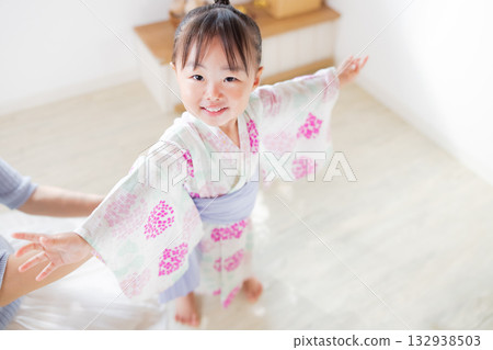 A 2-year-old girl wearing a yukata. Children's yukata dressing 132938503