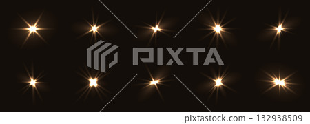 Golden fash light vector set on black background. Sparkle shining magic holiday starlight. Festive glow yellow flashing lights collection Golden fash light vector set on black background. Sparkle shining magic holiday starlight. Festive glow yellow flashing lights collection 132938509