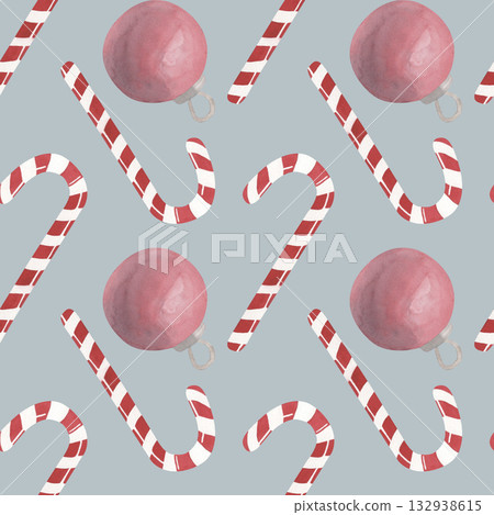 Seamless Christmas pattern on blue background with New Year ball and candies. Perfect for postcards, wrapping paper, fabric printing and party invitations 132938615