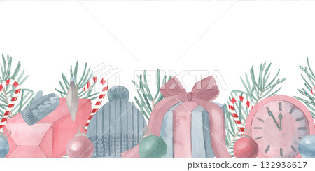Watercolor seamless pattern New Year border with Christmas sugar candy, fir branches, gifts, clock, hat and Christmas balls. For invitations, cards, posters, seasonal decor, New year wrapping paper 132938617