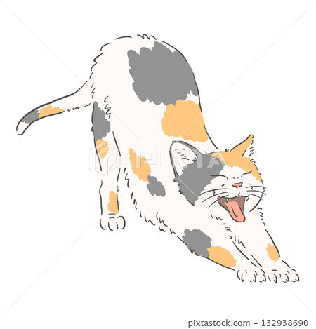 Illustration of a calico cat stretching Illustration of a calico cat stretching 132938690