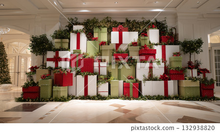 Decorative holiday gift display at a festive venue, ready for celebration Decorative holiday gift display at a festive venue, ready for celebration 132938820