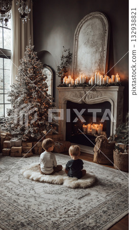 Children enjoy a cozy evening by the fireplace with a decorated Christmas tree 132938821
