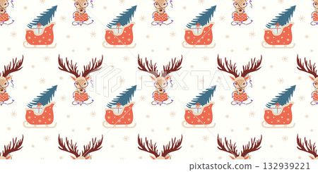 Christmas seamless pattern with reindeer antlers, garlands, sleigh, Christmas tree and gifts. Cute holiday designs for Christmas textiles, banners, wrappers, wallpapers. 132939221