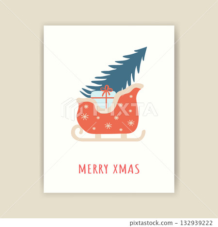 Christmas card with a Christmas tree in a winter sleigh and gifts. Minimalistic vector design. Ready-made template for a festive poster, print, or invitation. Christmas card with a Christmas tree in a winter sleigh and gifts. Minimalistic vector design. Ready-made template for a festive poster, print, or invitation. 132939222