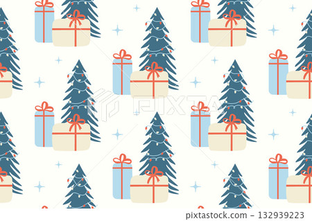 Seamless vector pattern with a Christmas tree with lights, gifts, and snowflakes. Cute holiday background. New Year celebration. Pattern for fabric, clothing, and wrapping paper. Seamless vector pattern with a Christmas tree with lights, gifts, and snowflakes. Cute holiday background. New Year celebration. Pattern for fabric, clothing, and wrapping paper. 132939223