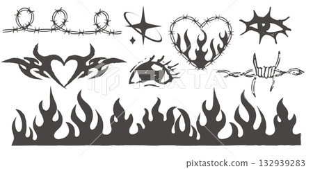 Y2k geometric elements border set, heart with flame, barbed wire, grid pattern. Groovy cyber retro design elements. Y2k geometric elements border set, heart with flame, barbed wire, grid pattern. Groovy cyber retro design elements. 132939283