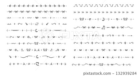Line divider, cute border collection hand drawn elements separator. Set geometric doodle frames with bows, hearts, moon. Stars and geometric shapes. Lace horizontal decoration. 132939284