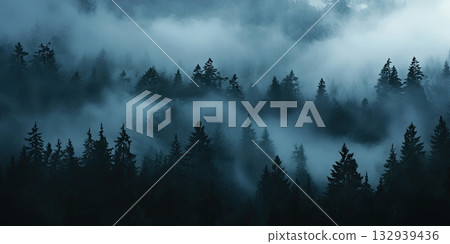 Enchanted Mist: Fog Rolling Over a Dark Forest Background 132939436