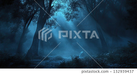 Mysterious Foggy Dark Forest with Haunting Blue Glow, Shadowy Trees, Misty Atmosphere, Spooky Twilight Ambience 132939437