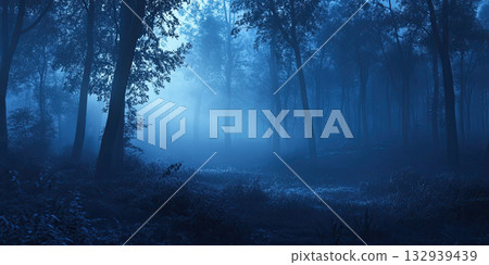 Mysterious Foggy Dark Forest with Haunting Blue Glow, Shadowy Trees, Misty Atmosphere, Spooky Twilight Ambience 132939439