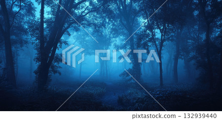 Mysterious Foggy Dark Forest with Haunting Blue Glow, Shadowy Trees, Misty Atmosphere, Spooky Twilight Ambience 132939440
