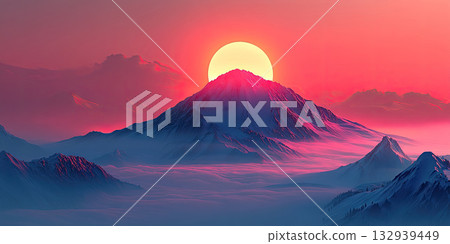 Majestic Foggy Mountain Peak Bathed in Glowing Sunrise Light, Misty Horizon, Dreamy Golden Sky, Serene Morning Scene 132939449