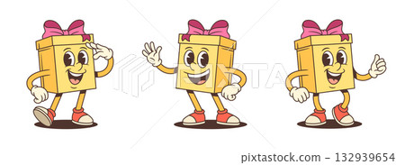 Three Friendly Gift Box Cartoon Characters Gesture Collection Vector Illustration 132939654