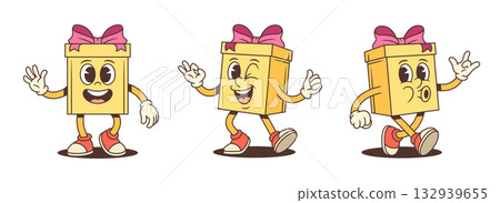 Three Animated Gift Box Cartoon Characters With Hand Gestures Vector Set 132939655