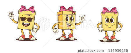 Three Confident Gift Box Cartoon Characters With Various Poses Vector Set 132939656