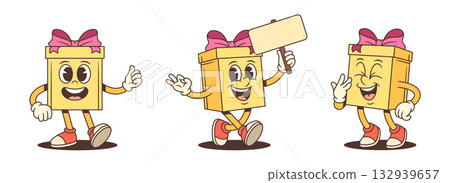 Three Happy Gift Box Cartoon Characters With Different Expressions Vector Set 132939657